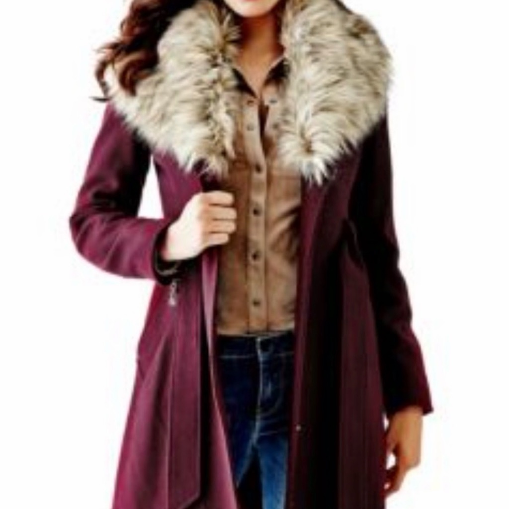 Small Guess Coat Burgundy Wine Red With Removable Faux Fur Collar — image 2 of 8